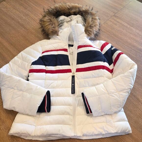 NWT Tommy Hilfiger Women's Puffer Coat White Removable Faux Fir Hood Trim S - Picture 10 of 10